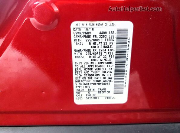 JN8AT2MT2HW380421 2017 NISSAN ROGUE Red VIN კოდის სტიკერის ხედი