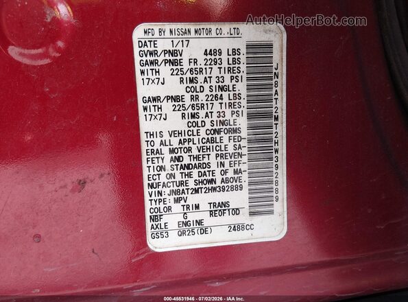 JN8AT2MT2HW392889 2017 NISSAN ROGUE Red Вид підкапотного простору