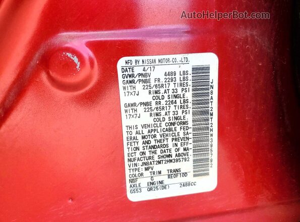 JN8AT2MT2HW395792 2017 NISSAN ROGUE Red VIN sticker view