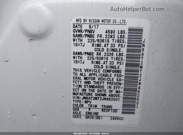 JN8AT2MT2JW452501 2018 NISSAN ROGUE White Widok komory silnika