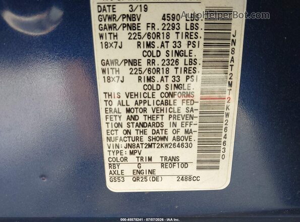 JN8AT2MT2KW264630 2019 NISSAN ROGUE Blue Շարժիչի բաժամունքի տեսք