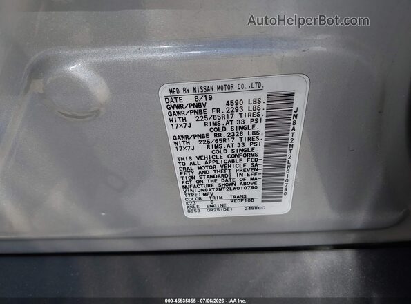 JN8AT2MT2LW010790 2020 NISSAN ROGUE Silver Շարժիչի բաժամունքի տեսք
