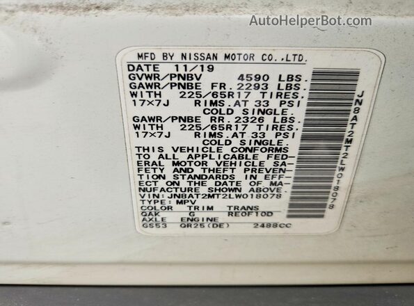 JN8AT2MT2LW018078 2020 NISSAN ROGUE White Вид наклейки з VIN-кодом