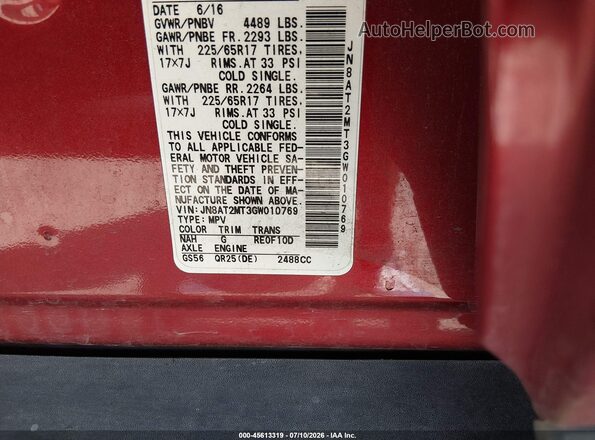 JN8AT2MT3GW010769 2016 NISSAN ROGUE Red Շարժիչի բաժամունքի տեսք