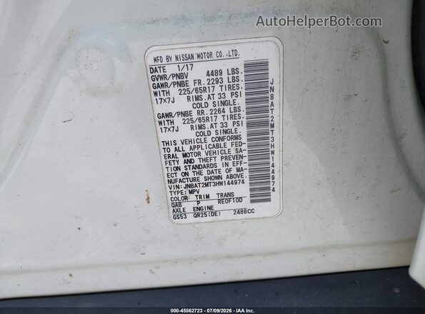 JN8AT2MT3HW144974 2017 NISSAN ROGUE White Շարժիչի բաժամունքի տեսք