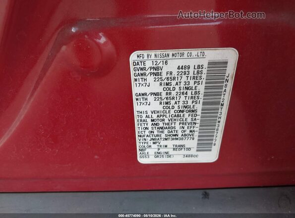 JN8AT2MT3HW387779 2017 NISSAN ROGUE Red Вид підкапотного простору