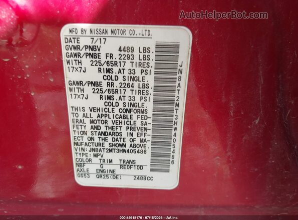 JN8AT2MT3HW405486 2017 NISSAN ROGUE Red Widok komory silnika