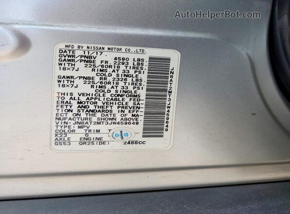 JN8AT2MT3JW459649 2018 NISSAN ROGUE Silver VIN կոդի պիտակի տեսք