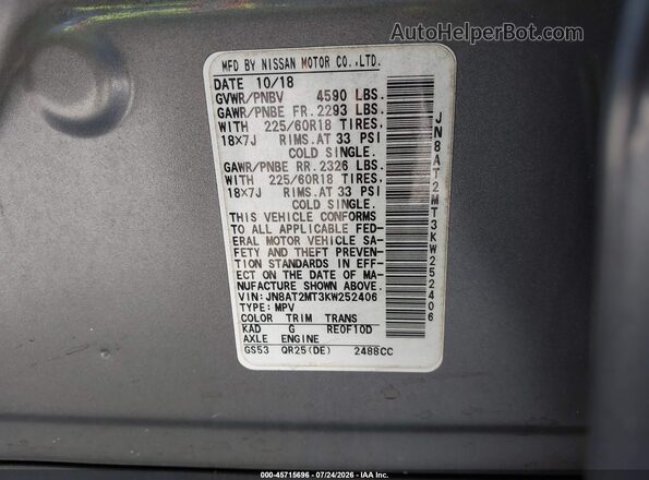 JN8AT2MT3KW252406 2019 NISSAN ROGUE Gray Շարժիչի բաժամունքի տեսք