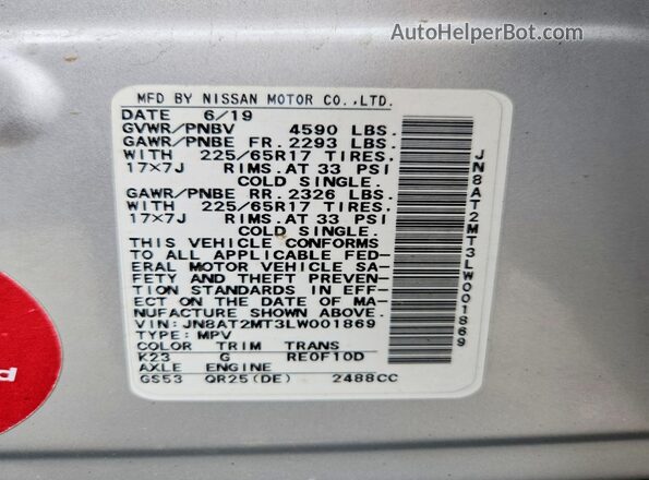 JN8AT2MT3LW001869 2020 NISSAN ROGUE Silver VIN sticker view