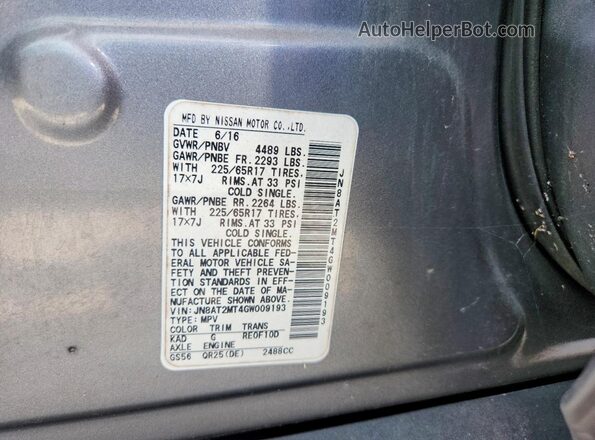 JN8AT2MT4GW009193 2016 NISSAN ROGUE Gray VIN կոդի պիտակի տեսք