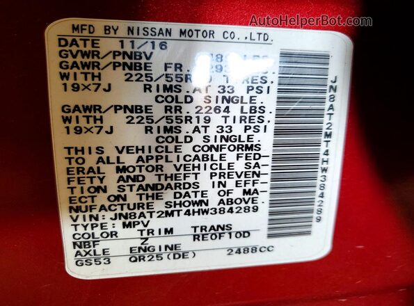 JN8AT2MT4HW384289 2017 NISSAN ROGUE Red VIN sticker view