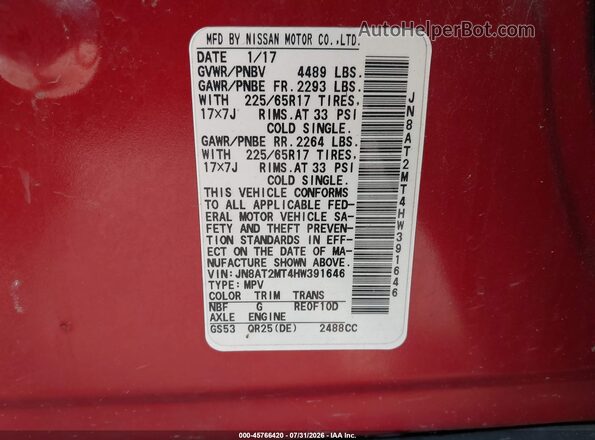 JN8AT2MT4HW391646 2017 NISSAN ROGUE Red Vista del compartimento del motor