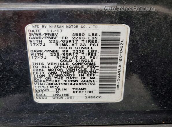 JN8AT2MT4JW456792 2018 NISSAN ROGUE Black VIN sticker view