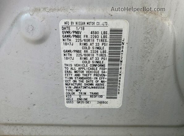 JN8AT2MT4JW465556 2018 NISSAN ROGUE Silver Vista de la etiqueta del VIN