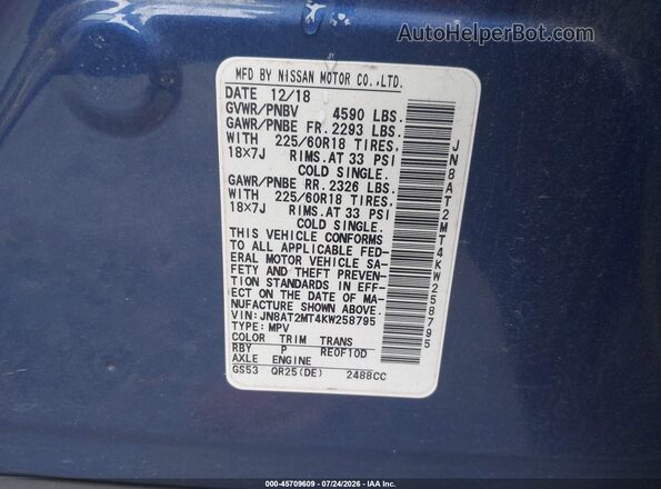JN8AT2MT4KW258795 2019 NISSAN ROGUE Blue ძრავის განყოფილების ხედი