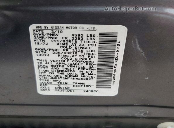JN8AT2MT4KW263897 2019 NISSAN ROGUE Gray VIN կոդի պիտակի տեսք