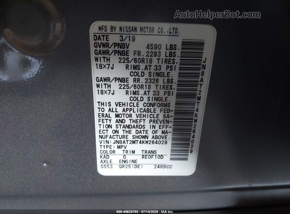 JN8AT2MT4KW264029 2019 NISSAN ROGUE Gray Vista del compartimento del motor