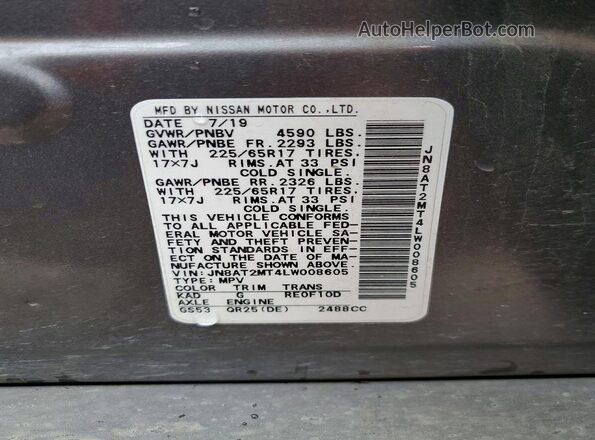 JN8AT2MT4LW008605 2020 NISSAN ROGUE Gray Vista de la etiqueta del VIN