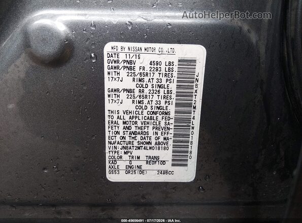 JN8AT2MT4LW018180 2020 NISSAN ROGUE Gray Widok komory silnika