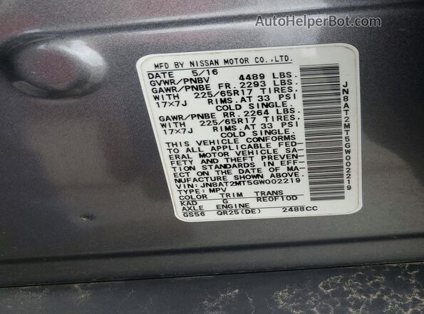 JN8AT2MT5GW002219 2016 NISSAN ROGUE Gray Вид наклейки з VIN-кодом
