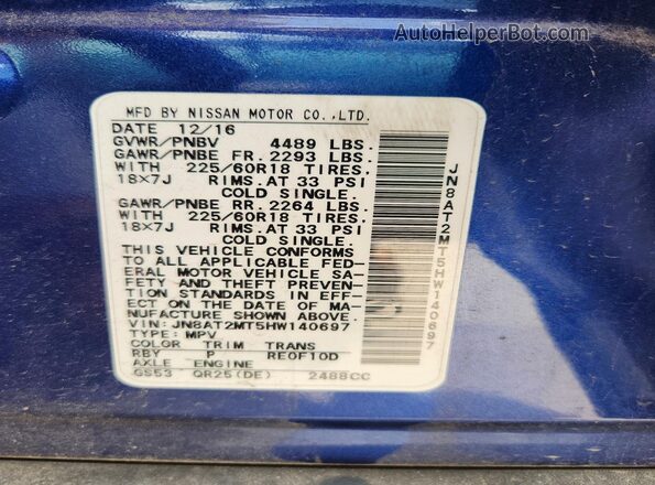 JN8AT2MT5HW140697 2017 NISSAN ROGUE Blue Widok naklejki z numerem VIN