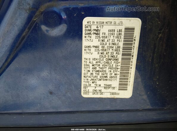JN8AT2MT5HW152171 2017 NISSAN ROGUE Blue Widok komory silnika