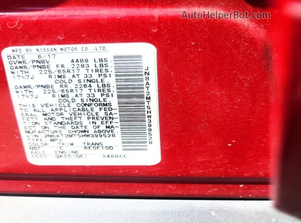 JN8AT2MT5HW399528 2017 NISSAN ROGUE Red VIN կոդի պիտակի տեսք