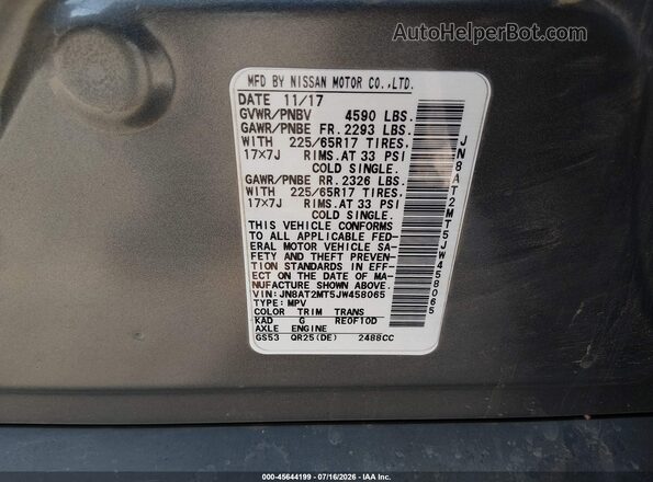 JN8AT2MT5JW458065 2018 NISSAN ROGUE Gray Вид підкапотного простору
