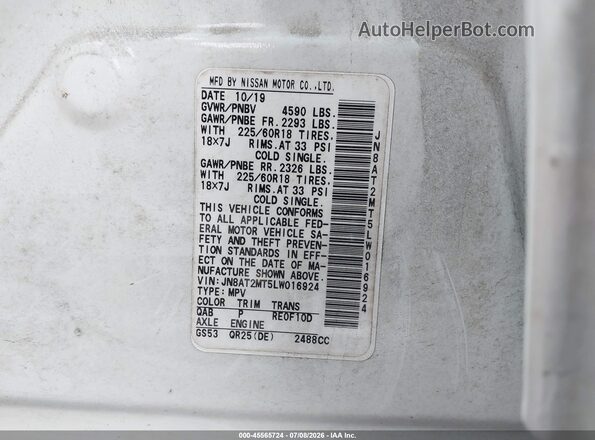 JN8AT2MT5LW016924 2020 NISSAN ROGUE White Engine compartment view