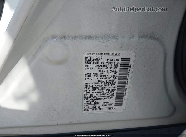 JN8AT2MT5LW035571 2020 NISSAN ROGUE White Vista del compartimento del motor