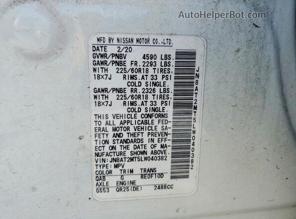 JN8AT2MT5LW040382 2020 NISSAN ROGUE White VIN sticker view