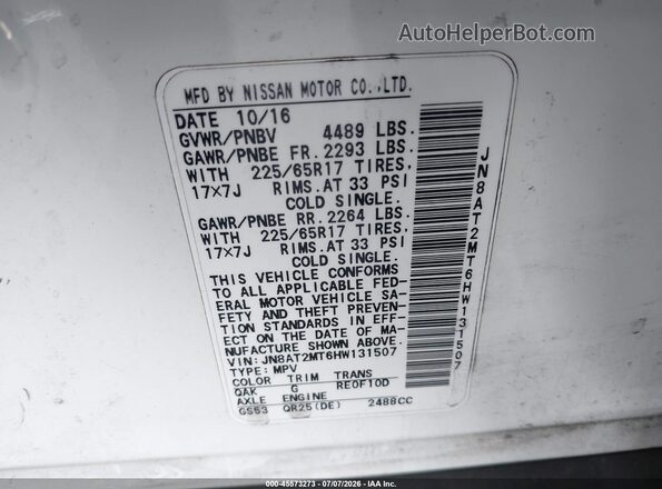 JN8AT2MT6HW131507 2017 NISSAN ROGUE Белый Вид подкапотного пространства