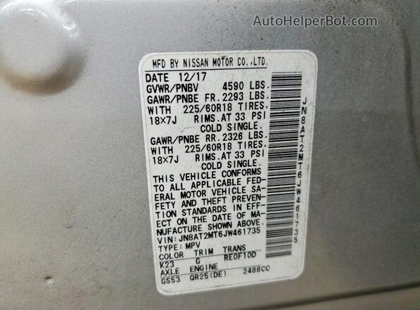 JN8AT2MT6JW461735 2018 NISSAN ROGUE Silver VIN կոդի պիտակի տեսք
