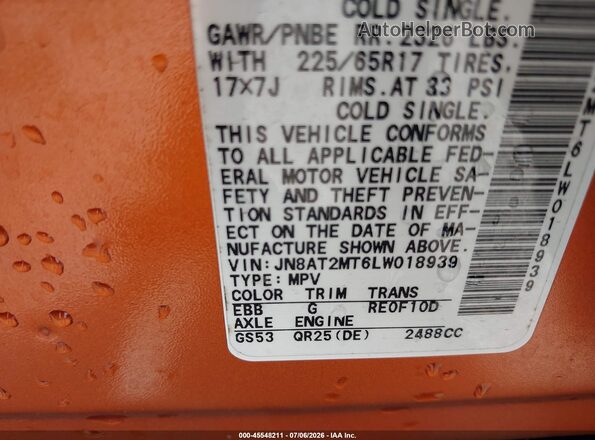 JN8AT2MT6LW018939 2020 NISSAN ROGUE Orange Engine compartment view