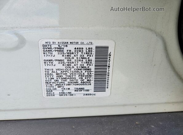 JN8AT2MT7GW005526 2016 NISSAN ROGUE White Вид підкапотного простору
