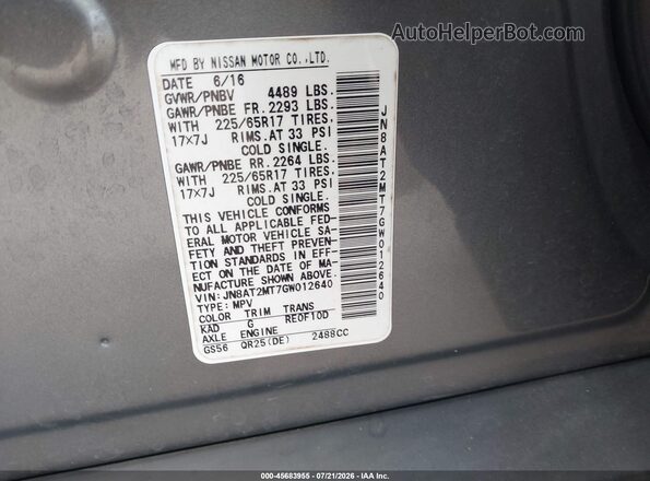 JN8AT2MT7GW012640 2016 NISSAN ROGUE Gray Вид підкапотного простору
