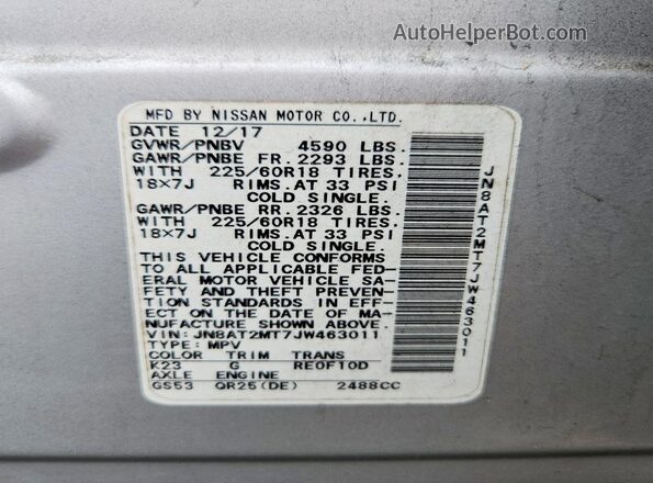 JN8AT2MT7JW463011 2018 NISSAN ROGUE Silver Панорамний вид салону 360°