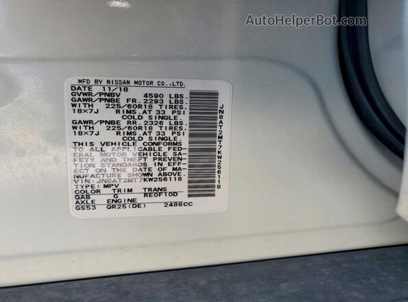 JN8AT2MT7KW256118 2019 NISSAN ROGUE White VIN კოდის სტიკერის ხედი