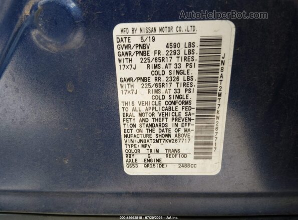 JN8AT2MT7KW267717 2019 NISSAN ROGUE Blue Շարժիչի բաժամունքի տեսք