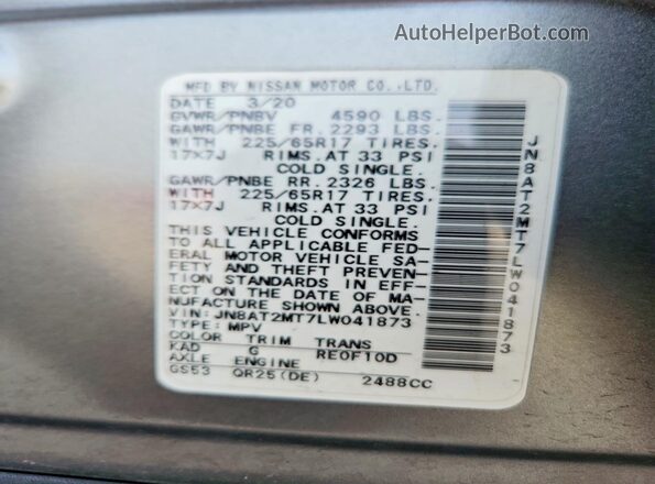 JN8AT2MT7LW041873 2020 NISSAN ROGUE Gray Widok komory silnika