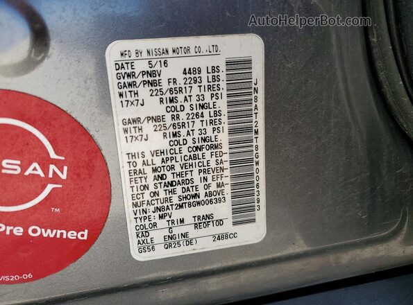 JN8AT2MT8GW006393 2016 NISSAN ROGUE Gray VIN sticker view