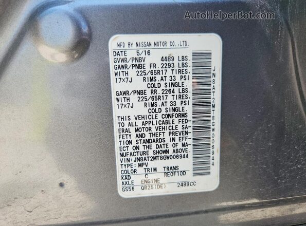 JN8AT2MT8GW006944 2016 NISSAN ROGUE Gray VIN կոդի պիտակի տեսք