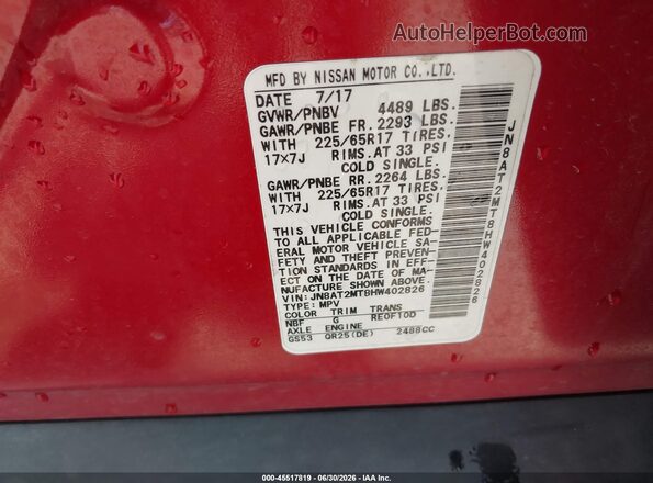 JN8AT2MT8HW402826 2017 NISSAN ROGUE Red ძრავის განყოფილების ხედი