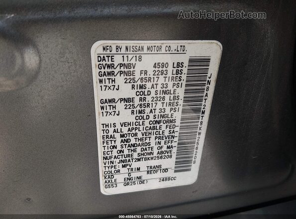 JN8AT2MT8KW256208 2019 NISSAN ROGUE Gray Widok komory silnika