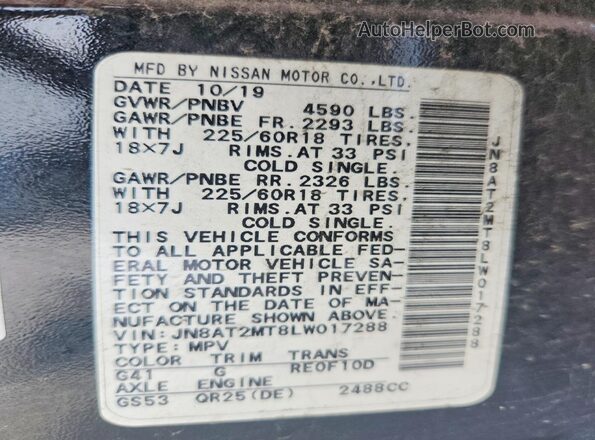 JN8AT2MT8LW017288 2020 NISSAN ROGUE Black Vista de la etiqueta del VIN