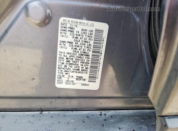 JN8AT2MT8LW035175 2020 NISSAN ROGUE Gray Vista de la etiqueta del VIN