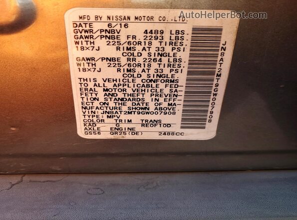 JN8AT2MT9GW007908 2016 NISSAN ROGUE Gray VIN კოდის სტიკერის ხედი