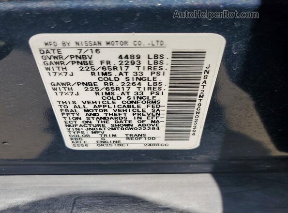 JN8AT2MT9GW022294 2016 NISSAN ROGUE Blue VIN კოდის სტიკერის ხედი
