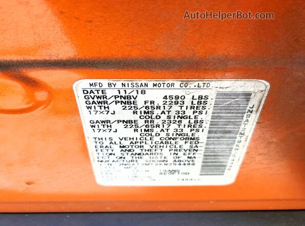 JN8AT2MT9KW254466 2019 NISSAN ROGUE Orange VIN კოდის სტიკერის ხედი
